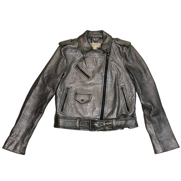 Michael Kors Metallic Silver Leather Jacket | Womens M, Moto Style EUC MSRP $595 - Picture 1 of 12